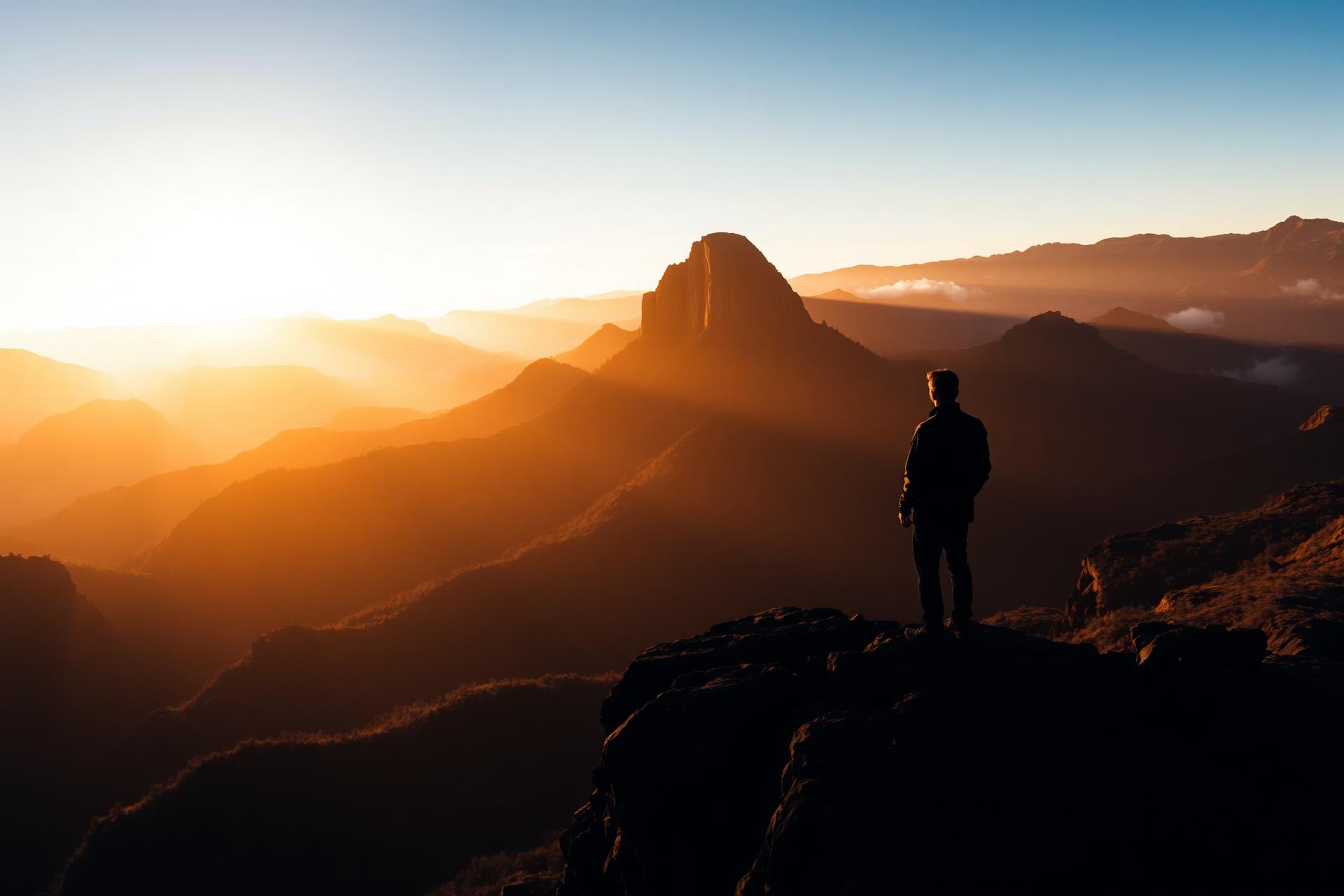 Leader at sunrise on a mountain ridge